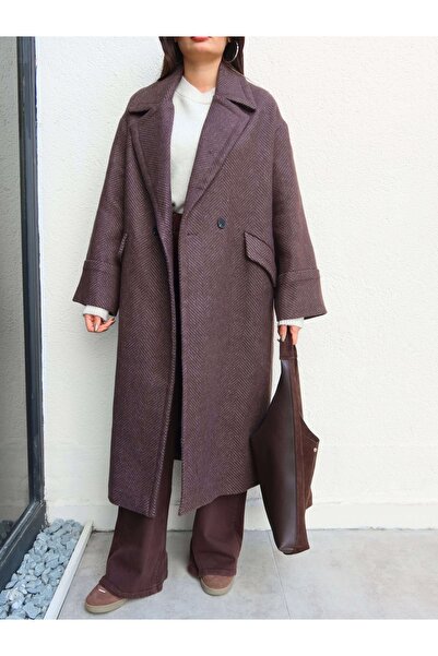 ESRAHELVACI Herringbone Pattern Pocketed Long Coat