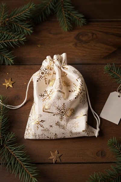 roco paper Yılbaşı Altın Varak Baskılı Kumaş Hediye Kesesi, Büyük Boy Hediye Torbası, Beyaz, 12 Adet-17x23 Cm