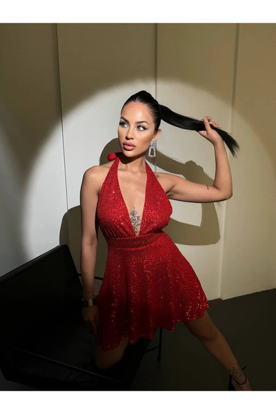 Buklemoda Halter Neck Sequin Red Dress