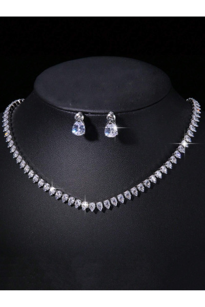 Inovius Colier si Cercei cu Zirconiu Cubic, Forma Picatura de apa, Argintiu - 223307