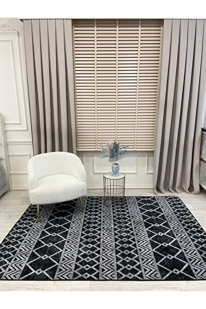 Brillant Gri Siyah İskandinav Tarzı Kilim Desenli Yolluk Lateks Halı