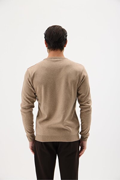 RAVANELLI Ανδρικό μάλλινο πουλόβερ με λαιμόκοψη χειμερινό κομψό ζεστό και απαλό πλεκτό μπεζ XL