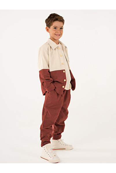 Catz Kids Boy's Cream Burgundy Velvet Retro Pants Shirt Set