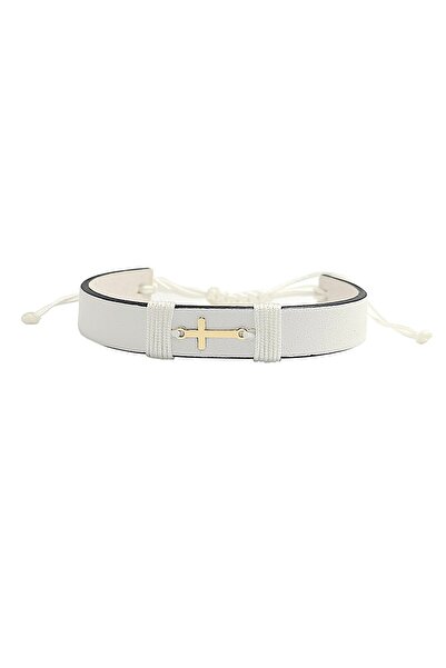 Bijolin Gold Wide white natural leather bracelet with 14k gold cross