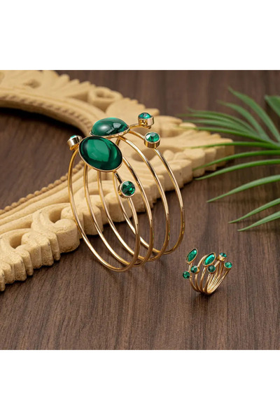 byozanyılmaz Adjustable Bracelet and Ring Set with Green and Red Stones