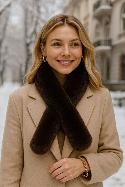 MARBERRY Guler lung de pluș maro pentru femei 180x10 cm