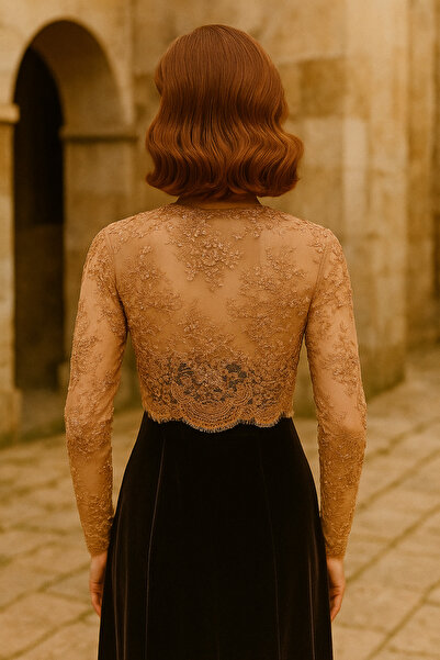 ŞIK VE MUTLU Tulle Lace Faux Pearl Embroidered Bolero Kaftan