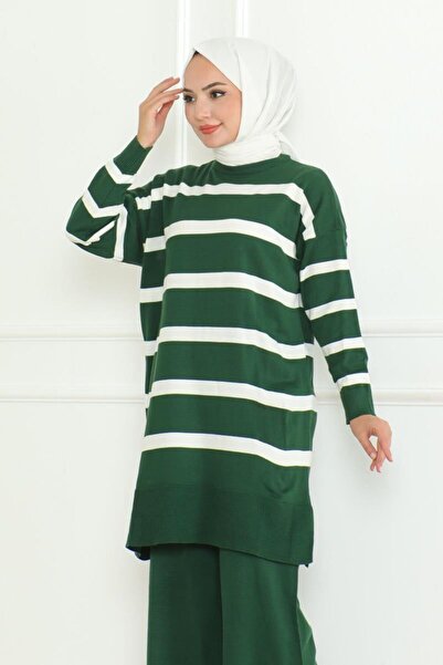 STİLZERAFET Women's Striped Knitwear Set Standard Size (38-46) Suitable