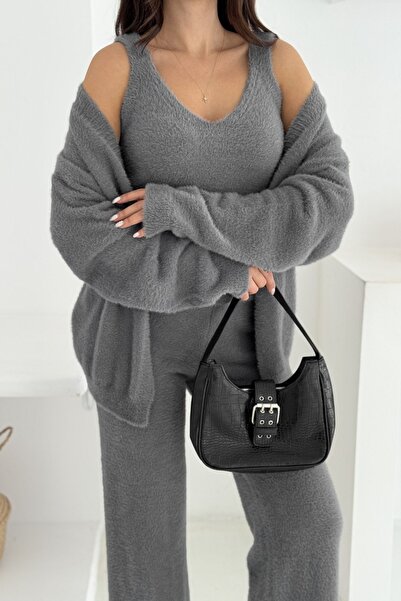 Noi Belis Soft Textured Beard Rope Blouse Cardigan Pants 3-Piece Knitwear Bottom-Top Set Aw25Au0023