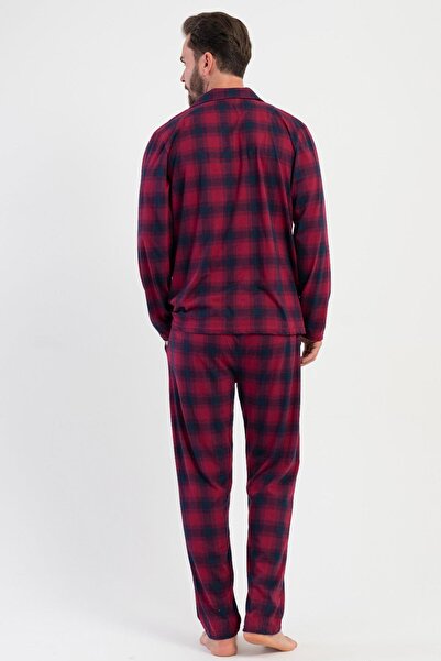 VİENETTA Men's Burgundy Color Front Buttoned Shirt Collar Long Sleeve Plaid Pattern Pajama Set C3T4N1305