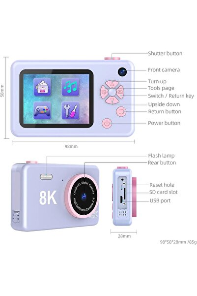 Generic 8K & 48MP Kids Digital Camera Dual Lens Selfie Cam Durable & Rechargeable Purple
