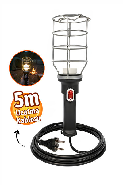 Badem10 Siyah Plastik Saplı Metal Koruma Kafesli 5 metre kablolu E27 Standart...