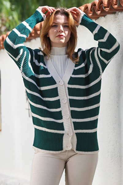 Chiccy Dark Green V-Neck Long Sleeve Striped Buttoned Thick Casual Knitwear Cardigan 70 70