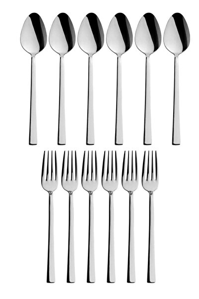 Atlas Mutfak Shiny Silver Dessert Fork And Spoon Set - 12 Piece Breakfast Cak...