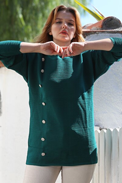 Chiccy Dark Green Round Neck Long Sleeve Buttoned Casual Long Knitwear Sweater 79 64