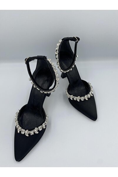 Ömer Ediz Shoes Dámské boty ALLYS Black Satin Crystal Stone Detailed 9 cm na podpatku