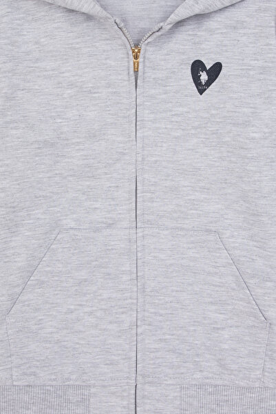 U.S. Polo Assn. Kız Çocuk Açık Gri Melanj Kapüşonlu Fermuarlı Sweatshirt 50316873-VR091