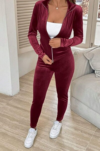 Mossta Front Zippered Velvet Blouse and Pants Two-Piece Set - Burgundy