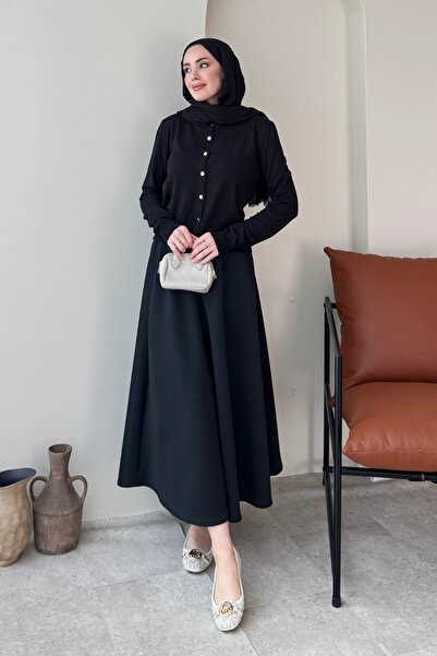 Tesettür Diyarı Fusta Scuba cu talie elastică și hijab - Negru