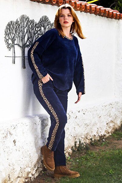 Chiccy Італійський синій басейн комір довгий рукав кишеня леопард смужка оксамит тканина верхній комплект 70-101 62-65