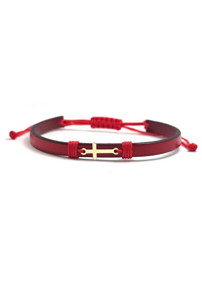 Bijolin Gold Red genuine leather bracelet with 14k gold cross