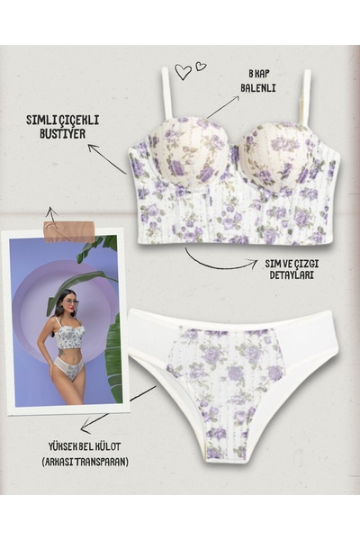 bendengiy Glittery Floral Patterned Supported Women's Bustier Set