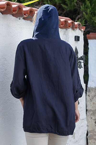 Chiccy Італійська синя куртка з капюшоном, ґудзиками, довгими рукавами, блискавкою, кишенями та сітчастими деталями, виготовлена з льону 75 65