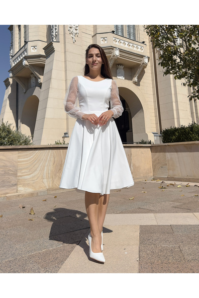 LARIETTE White midi dress for parties, civil weddings