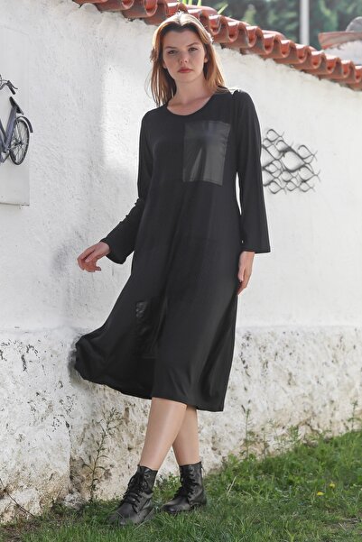 Chiccy Black Pool Collar Long Sleeve Mesh Detailed Leather Paneled Casual Woven Dress 115 60