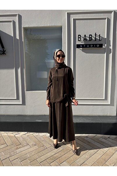 Babil Butik 25022006 Stitch Detail Women's Skirt Brown