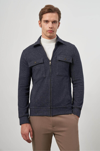 İmza معطف رجالي محبوك ياقة دائرية ذاتي النمط بدون بطانة باللون الأزرق الداكن ...