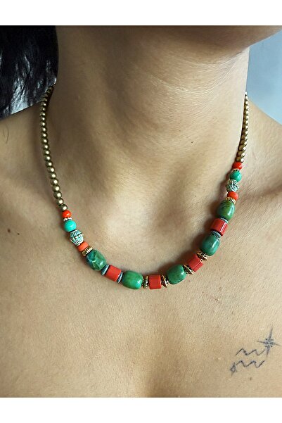 dela otantik Handmade Ethnic Beaded Women's Necklace – Authentic Bohemian Jewelry with Green Turquoise Stone - Turquoise Necklace