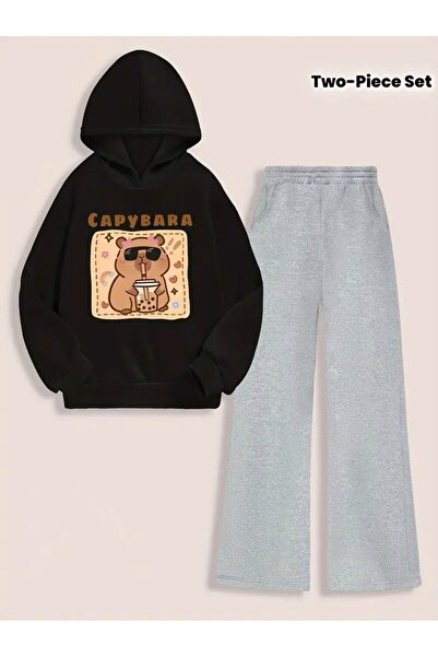 MORNİNG KİDS Girl's Black Hooded Capybara Printed Sweatshirt- Gray Loose Fit Tracksuit Set