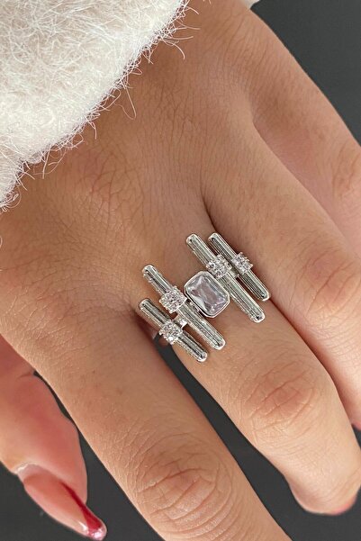 TAKIŞTIR خاتم فولاذي قابل للتعديل بتفاصيل حجر فضي