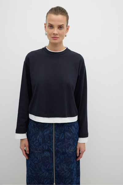 Roman Çift Renk Bisiklet Yaka Uzun Kol T-shirt Lacivert K2623831_015