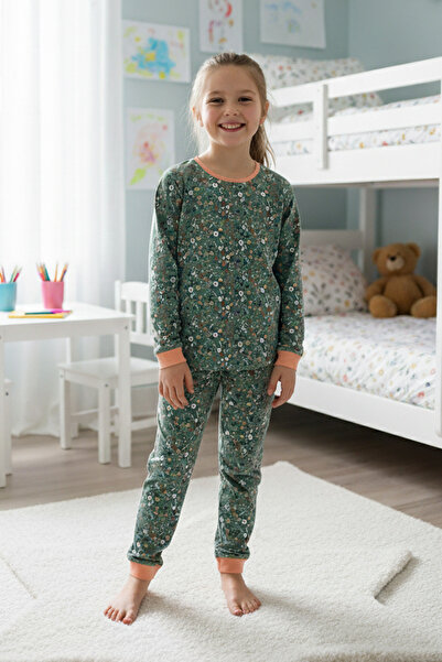 MK Mukko Kids Children's Pajama Set - Girls' Green Vintage Floral Pattern Transitional Pajama Sets