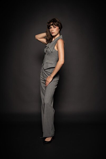 Thalure Kadın Gri Çizgili Bol Paça Pantolon