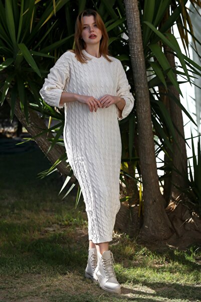 Chiccy Italian Ecru Half Turtleneck Long Sleeve Casual Long Woven Dress 140 68