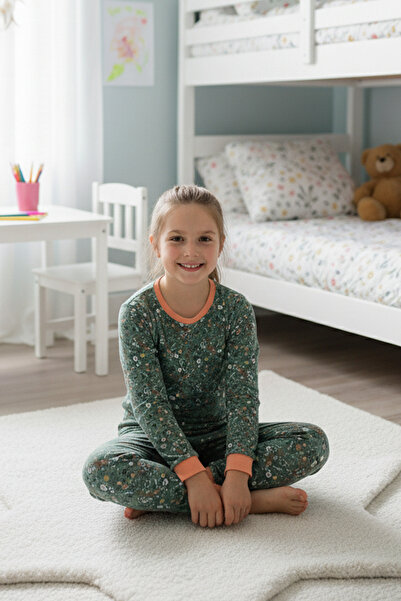 MK Mukko Kids Children's Pajama Set - Girls' Green Vintage Floral Pattern Transitional Pajama Sets