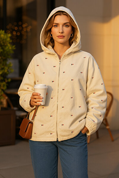 ESB Design Women's Beige Heart Embossed Printed Thin Hooded Loose Back Long Coat