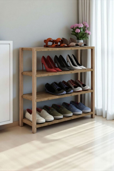 ehven Elit Çam 4 Raflı Ahşap Ayakkabılık Dekoratif Raf Kolay Monte Organizer