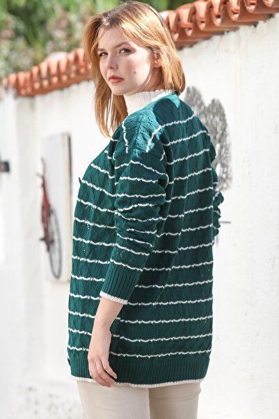 Chiccy Green-White V-Neck Long Sleeve Striped Buttoned Casual Openwork Knitwear Cardigan 80 62