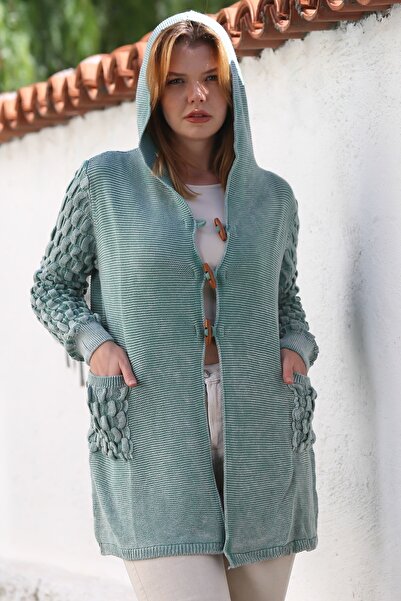 Chiccy Mint Hooded Long Sleeve Buttoned Pocket Washable Casual Openwork Knitwear Jacket 82 72