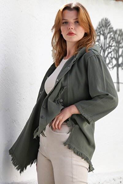 Chiccy Khaki Hooded Long Sleeve Mesh Detailed Casual Gabardine Woven Jacket with Tassel Trim at Hem 64 65
