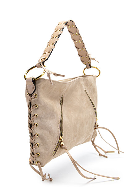 minebag Suede Texas Women's Shoulder Bag with Knitted Handle and Rope Pendant Detail, Beige