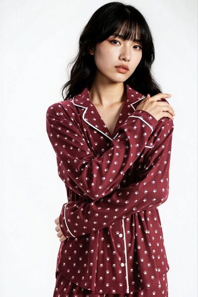 Ecrou Kadın Bordo Pari Raporlu Kaşkorse Doku Seoul Uzun Kol Üst Pantolon Pijama Takım