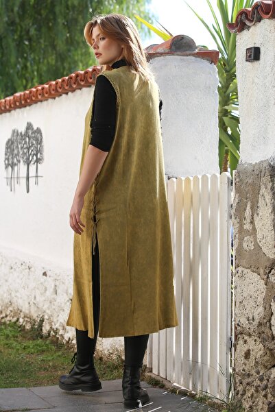 Chiccy Mustard V-Neck Sleeveless Tie-Up Side Casual Long Knitwear Vest 118 75