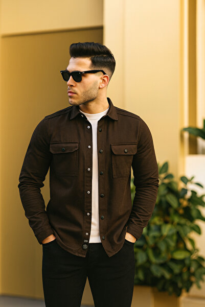 Pobudo Koyu Toprak Renk Çıtçıt Düğmeli Kot Gömlek