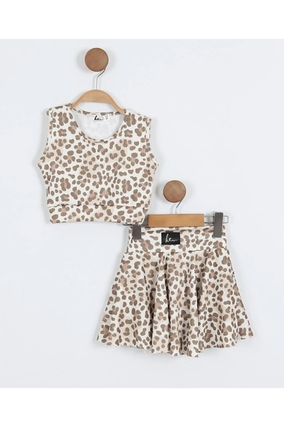 Butik Lena BEJ BENEKLİ DESENLİ FİTİLLİ CROP VE ŞORT ETEKLİ KIZ ÇOCUK YAZLIK T...