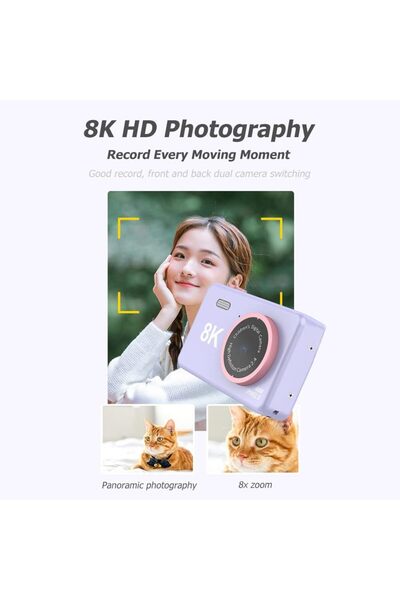 Generic 8K & 48MP Kids Digital Camera Dual Lens Selfie Cam Durable & Rechargeable Purple